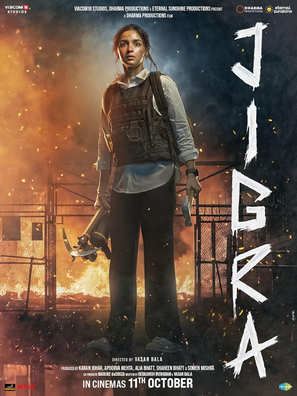 Jigra – October 11, 2024 (Theatre)  A Hindi action thriller about a sister who goes to great lengths to protect her brother. Directed by Vasan Bala and produced by Karan Johar, starring Alia Bhatt and Vedang Raina.